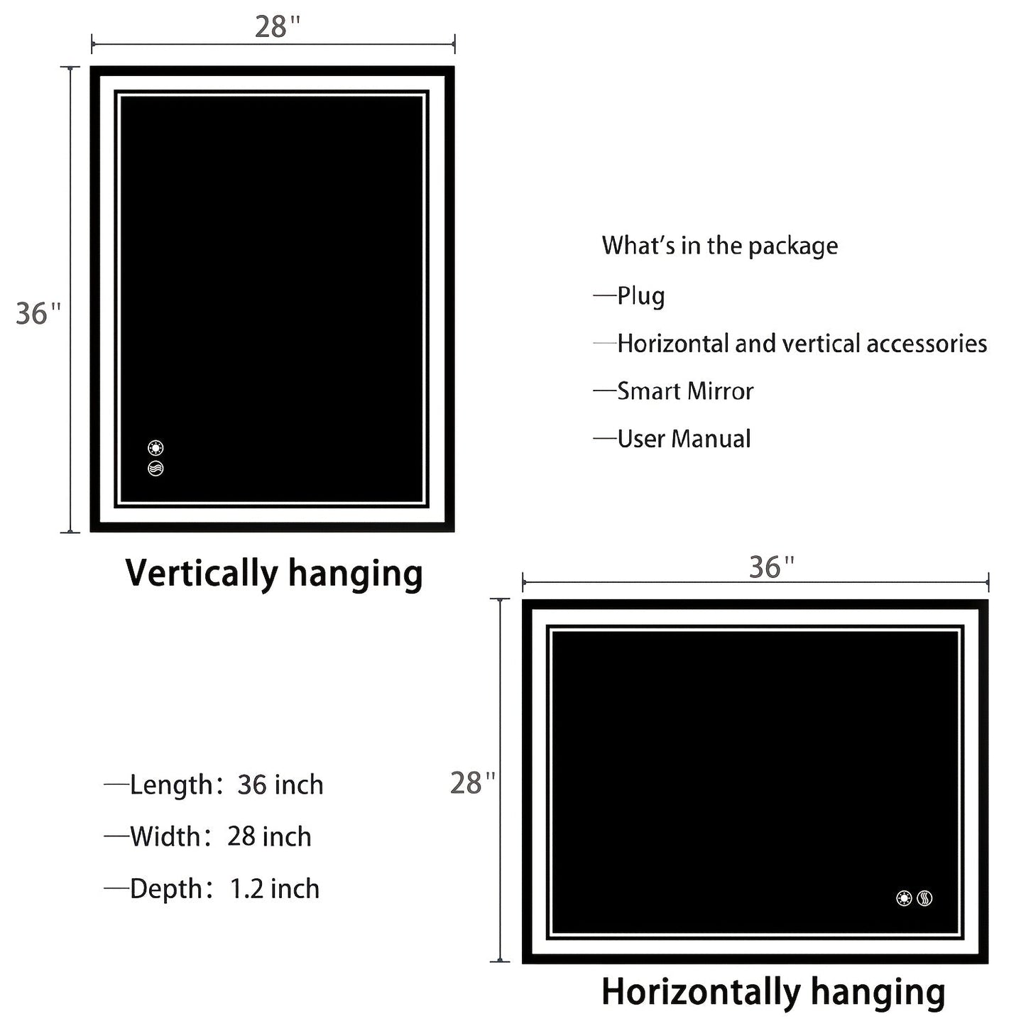 LED Bathroom Mirror shown in the 28X36''Horizontal/Vertical option