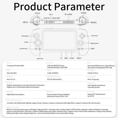 Handheld Game Console Anbernic RG557 with 5.48-Inch AMOLED, 1920x1080, OCA Full Lamination, 5500mAh Battery, Android 14