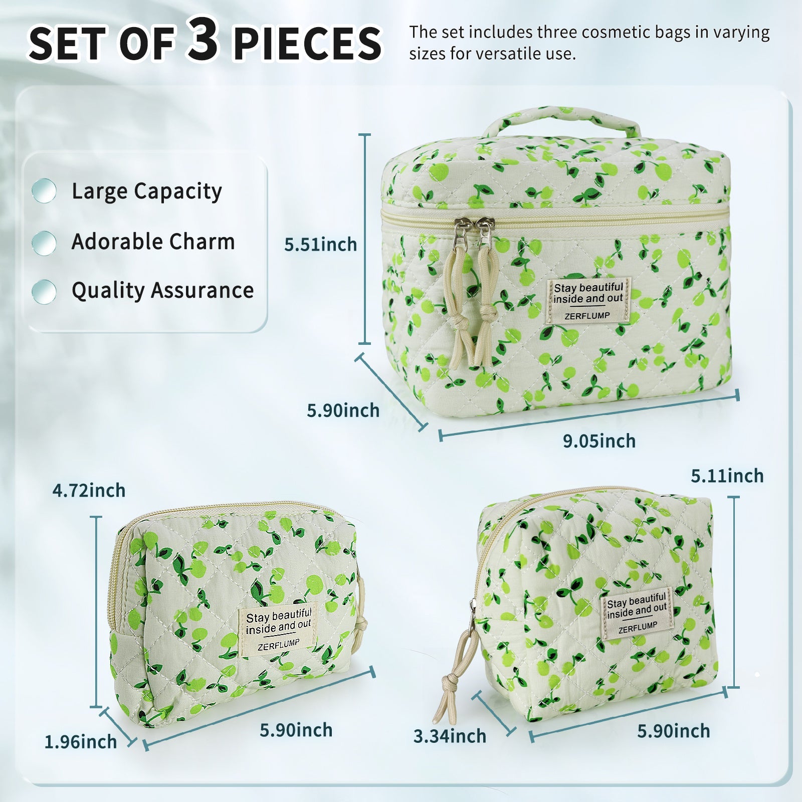 Travel Makeup Bag – 3 Piece, Quilted, for Travel – detail view 9