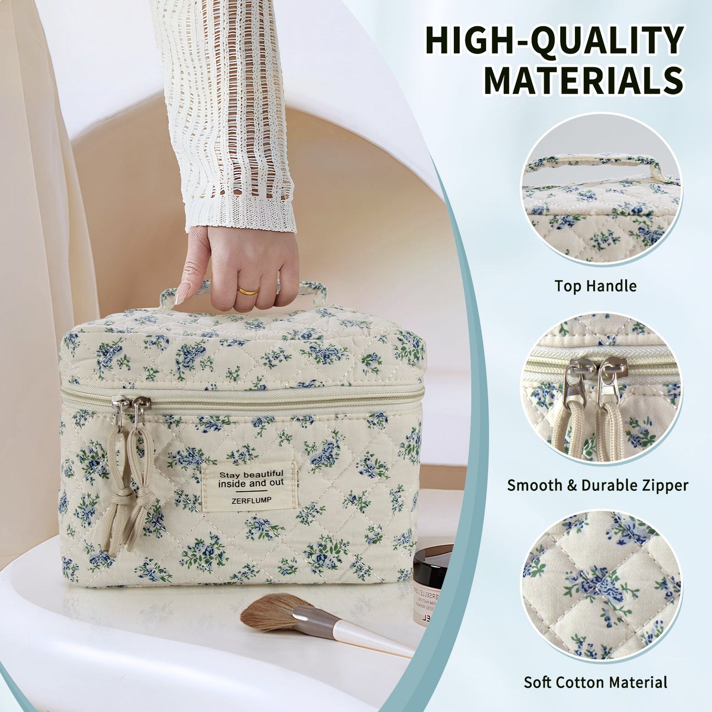 Travel Makeup Bag – 3 Piece, Quilted, for Travel – detail view 14