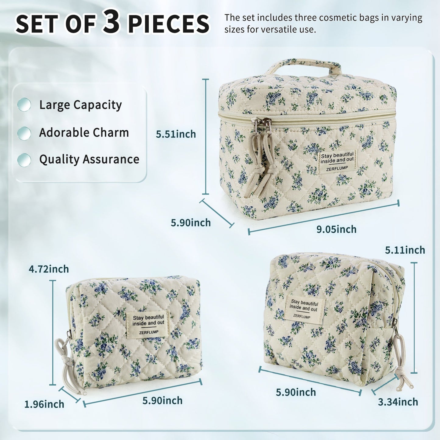 Travel Makeup Bag – 3 Piece, Quilted, for Travel – detail view 15