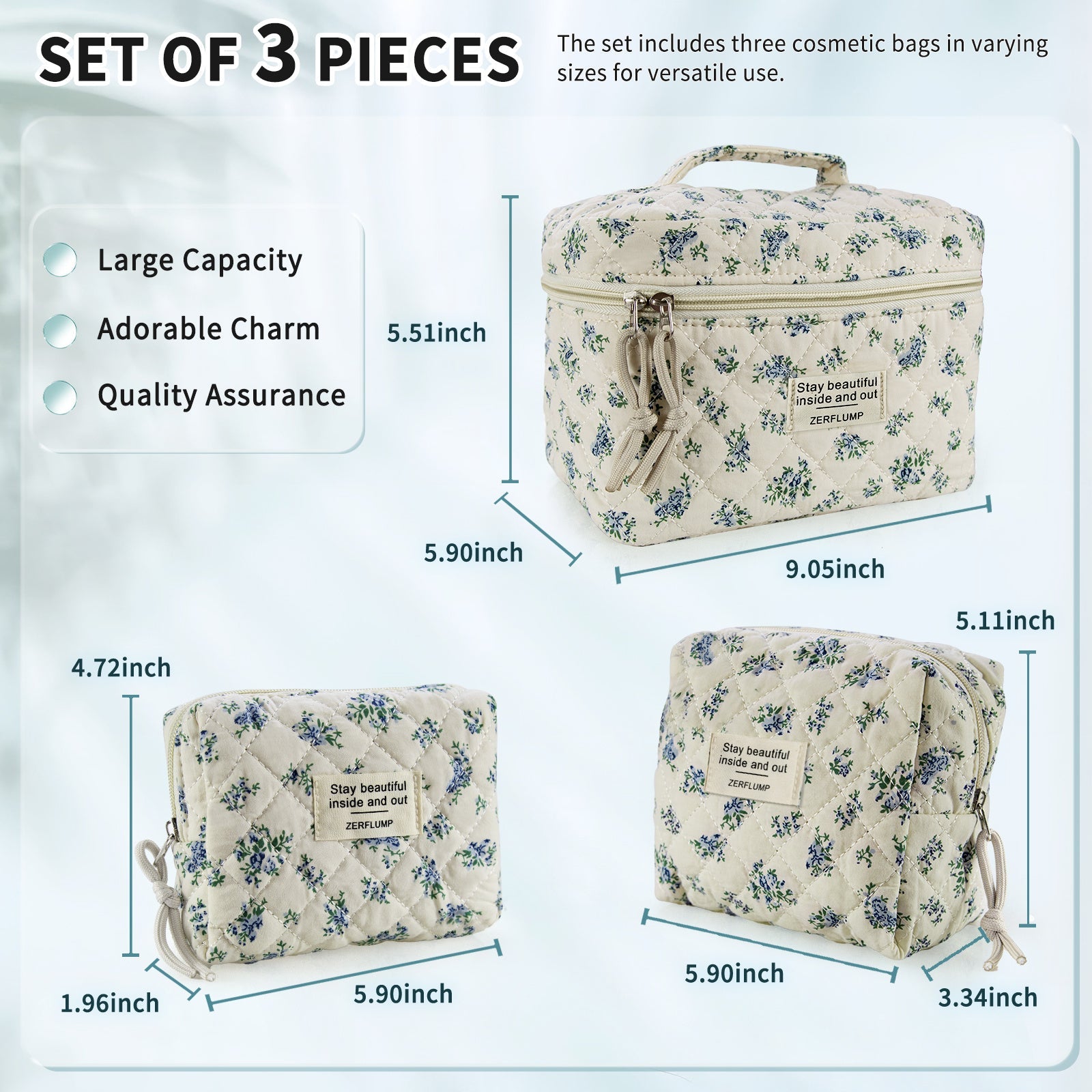 Travel Makeup Bag – 3 Piece, Quilted, for Travel – detail view 15