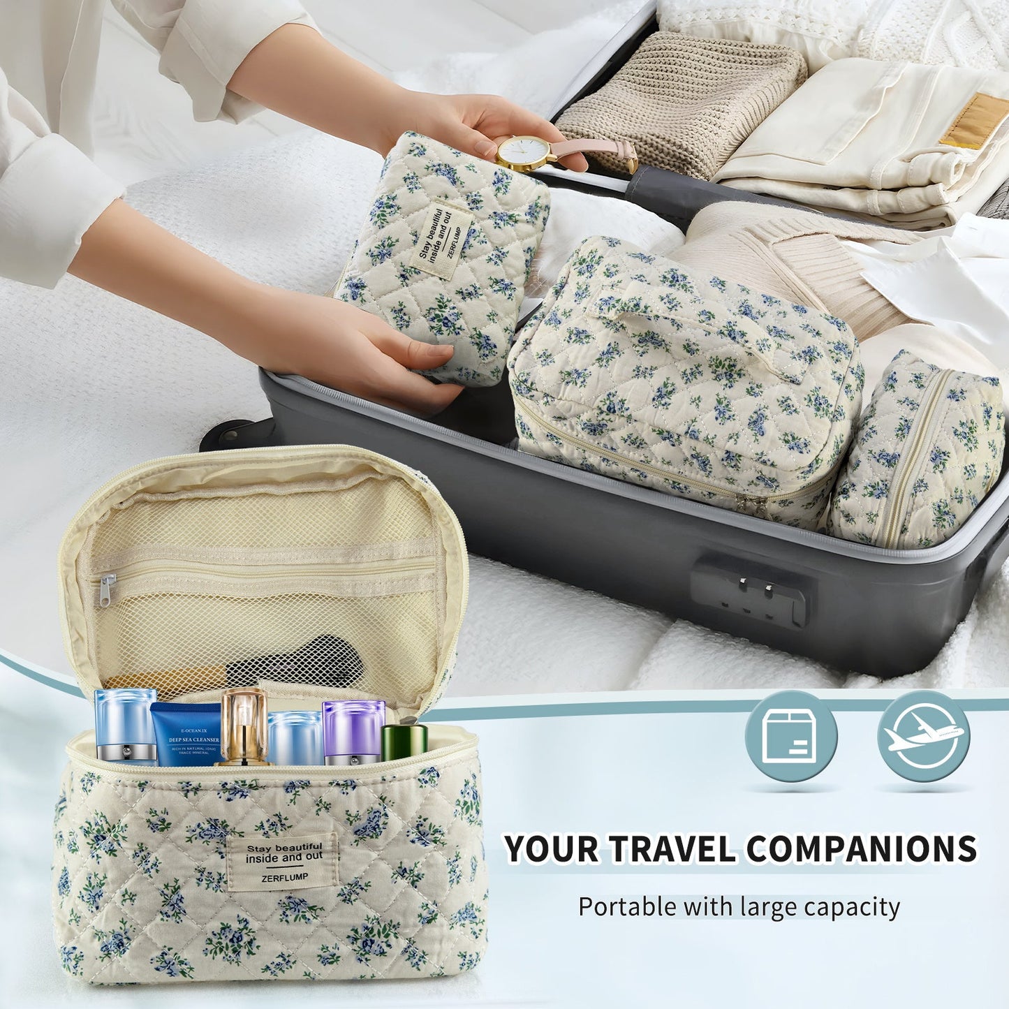 Travel Makeup Bag – 3 Piece, Quilted, for Travel – detail view 17