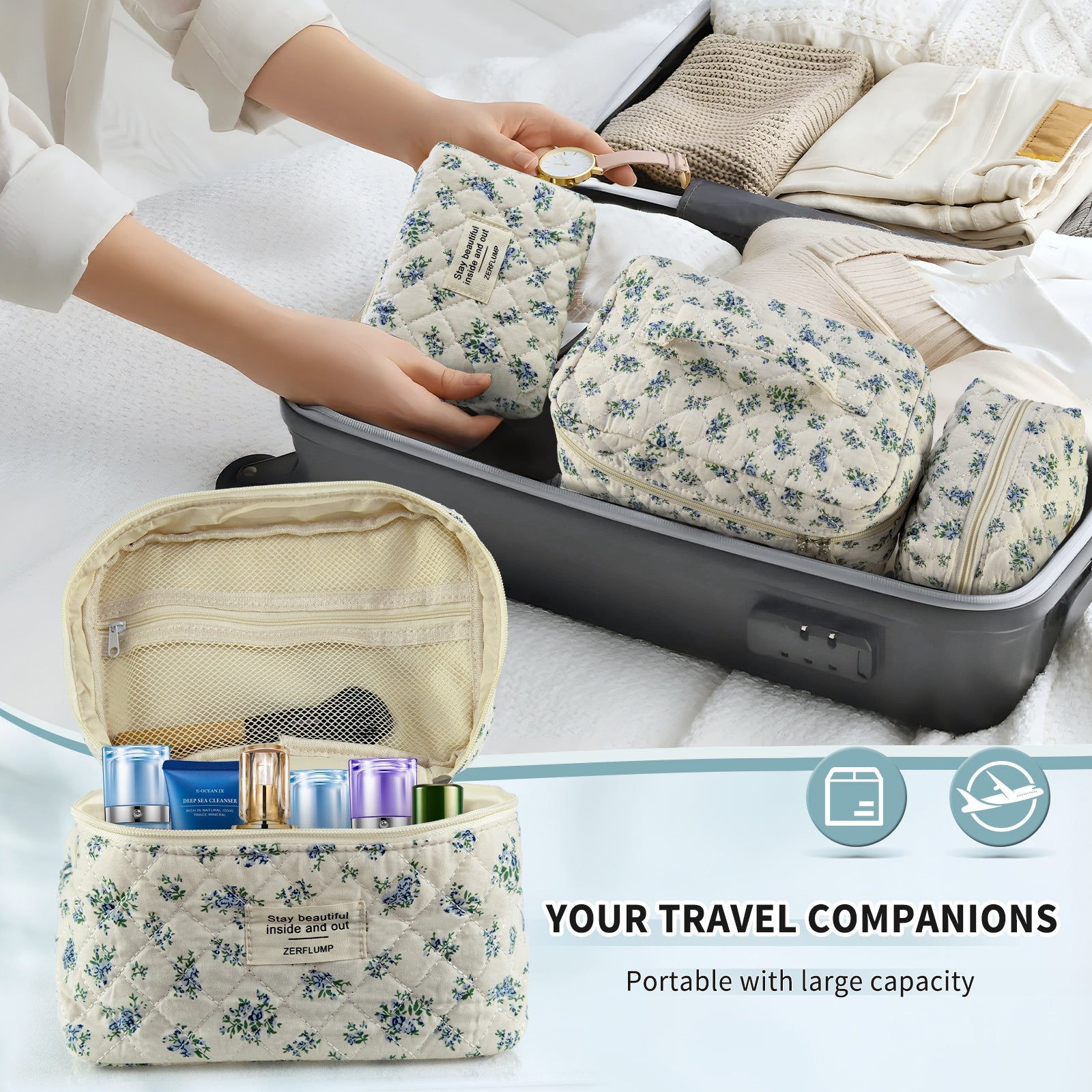 Travel Makeup Bag – 3 Piece, Quilted, for Travel – detail view 17