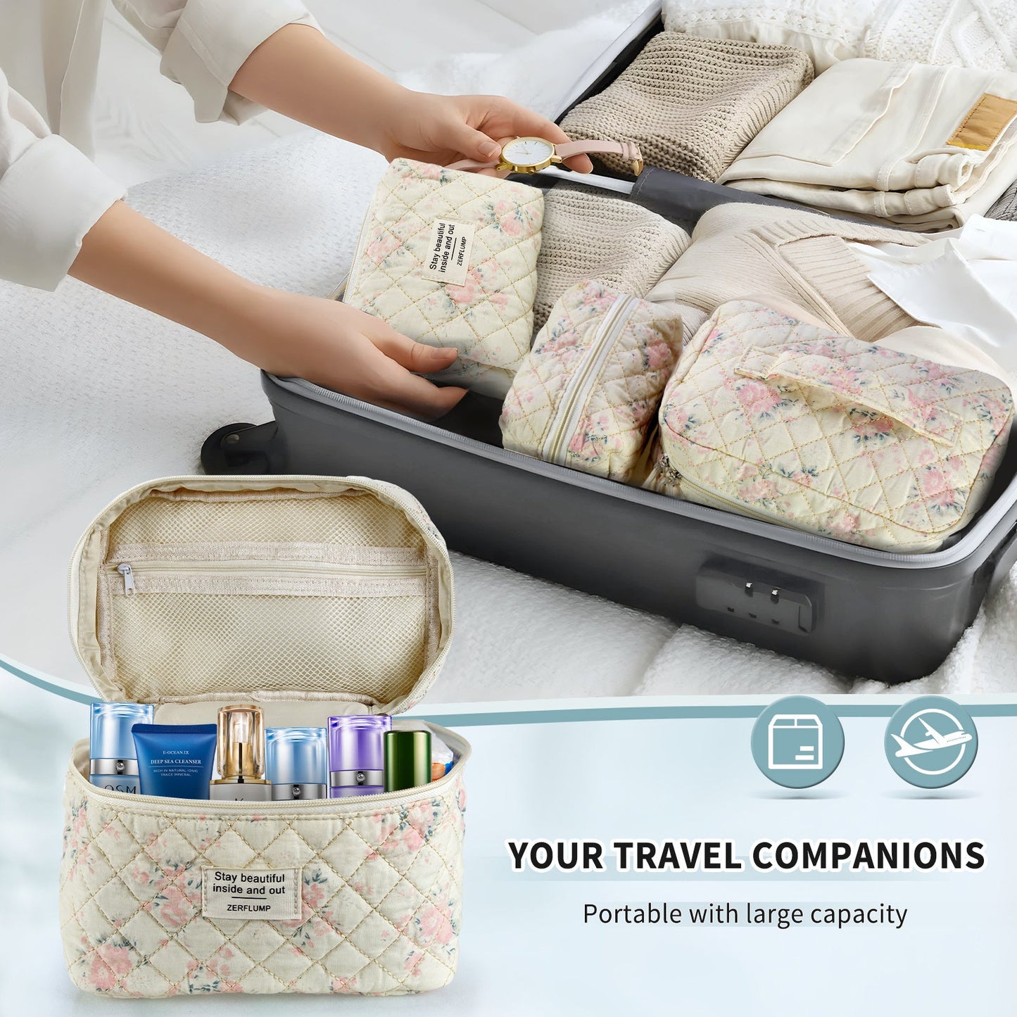 Travel Makeup Bag – 3 Piece, Quilted, for Travel – detail view 23