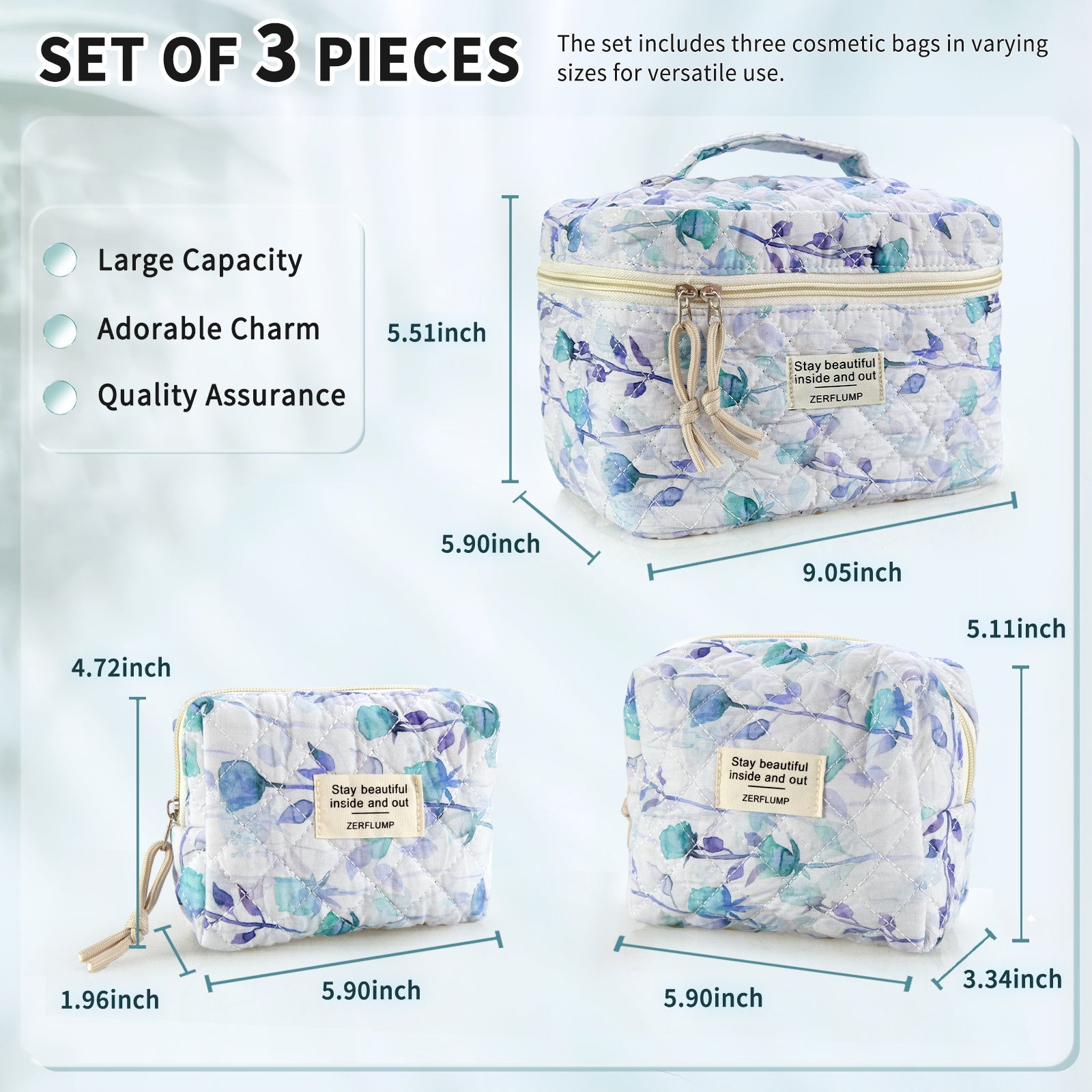 Travel Makeup Bag – 3 Piece, Quilted, for Travel – detail view 2