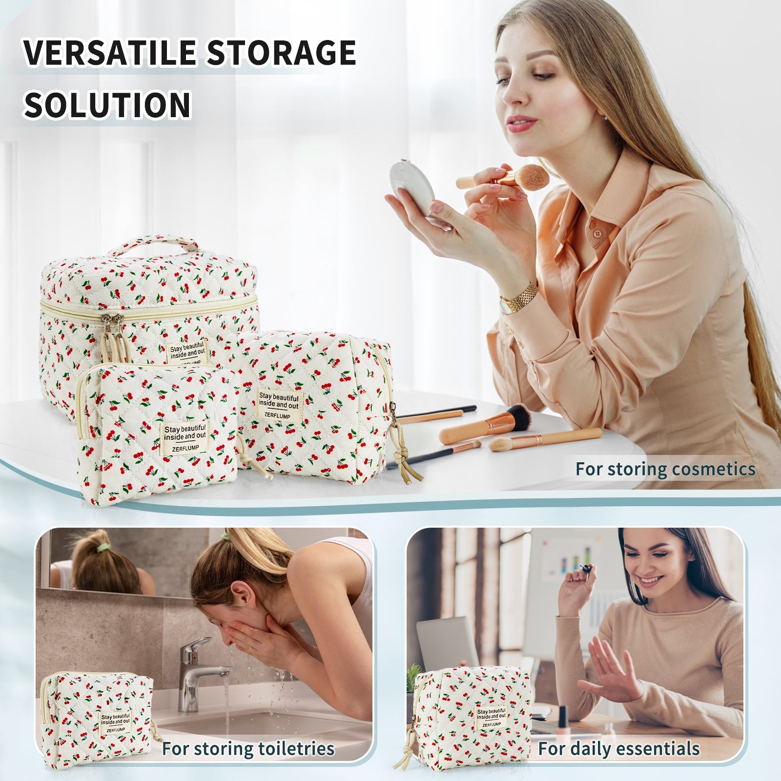 Travel Makeup Bag – 3 Piece, Quilted, for Travel – detail view 29