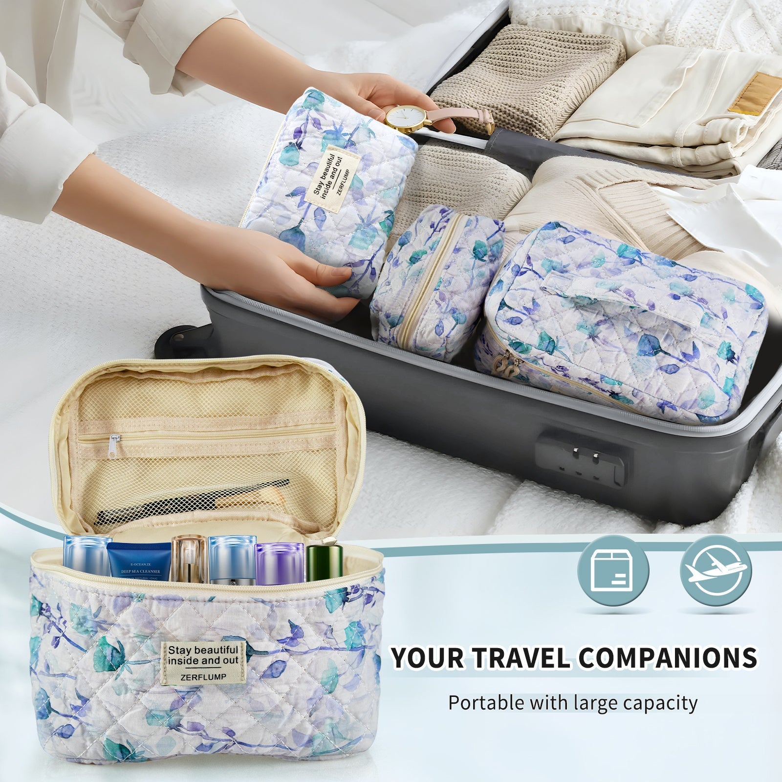 Travel Makeup Bag – 3 Piece, Quilted, for Travel – detail view 4