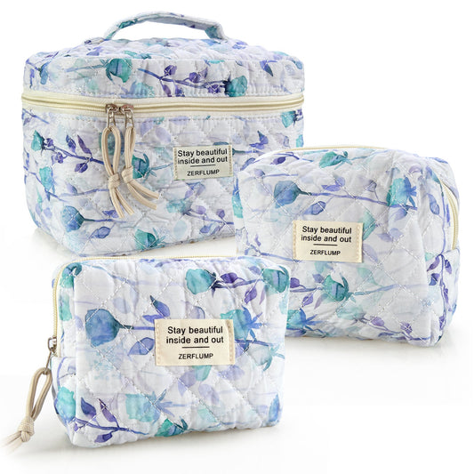 Travel Makeup Bag – 3 Piece, Quilted, for Travel – front view
