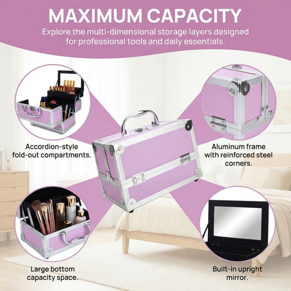 Travel Makeup Bag – Aluminum Makeup Train Case Mirror – detail view 10