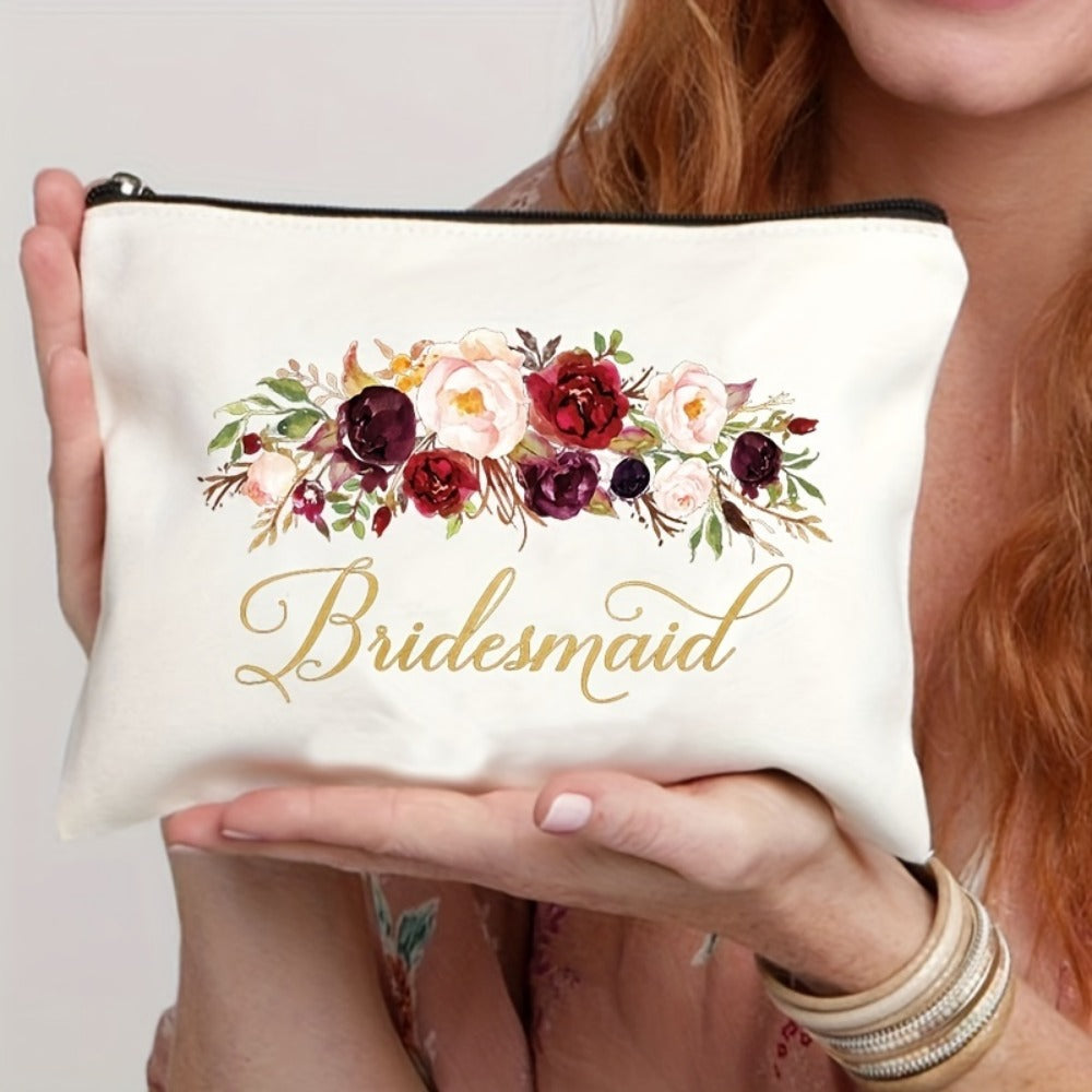Travel Makeup Bag – Lightweight, Floral Bridesmaid Makeup Zipper Machine – front view