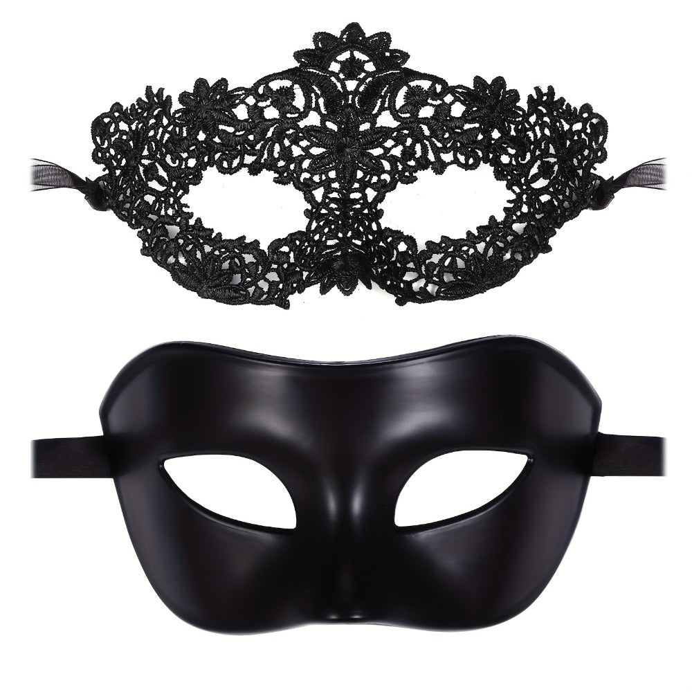 Masquerade Masks - for Couples 2 Pieces Black Venetian Costume Ball Mask Set Halloween - main product view