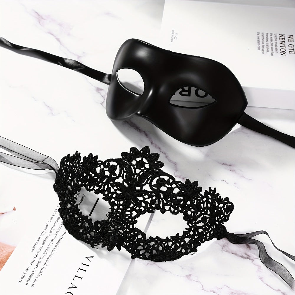 Masquerade Masks - for Couples 2 Pieces Black Venetian Costume Ball Mask Set Halloween - product detail view 2