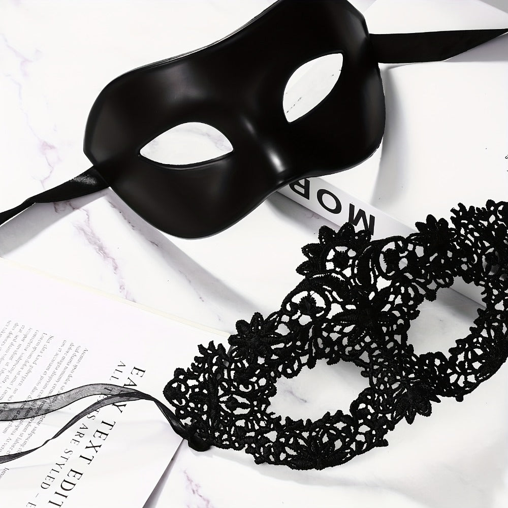 Masquerade Masks - for Couples 2 Pieces Black Venetian Costume Ball Mask Set Halloween - product detail view 3