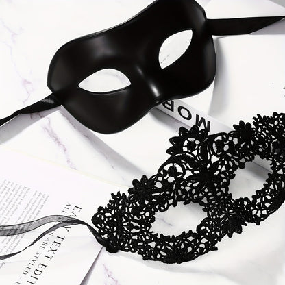 Masquerade Masks - for Couples 2 Pieces Black Venetian Costume Ball Mask Set Halloween - product detail view 3