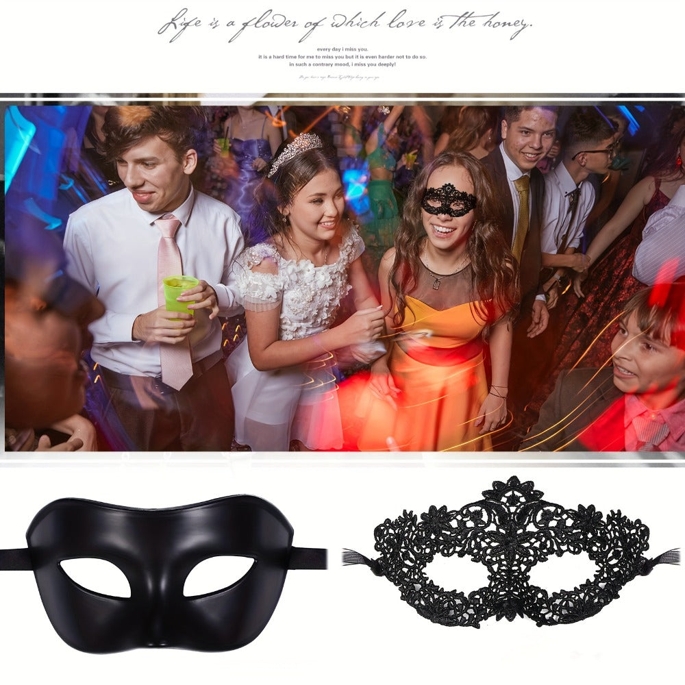 Masquerade Masks - for Couples 2 Pieces Black Venetian Costume Ball Mask Set Halloween - product detail view 5