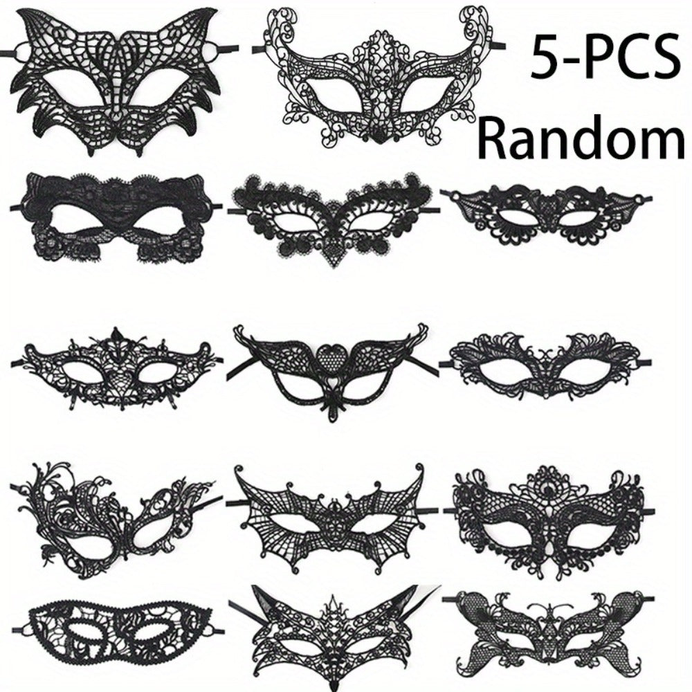 Masquerade Masks - Lace Mask Set 5 Pcs for Women Black Venetian Hollow Flower Half Face Eye - product detail view 3
