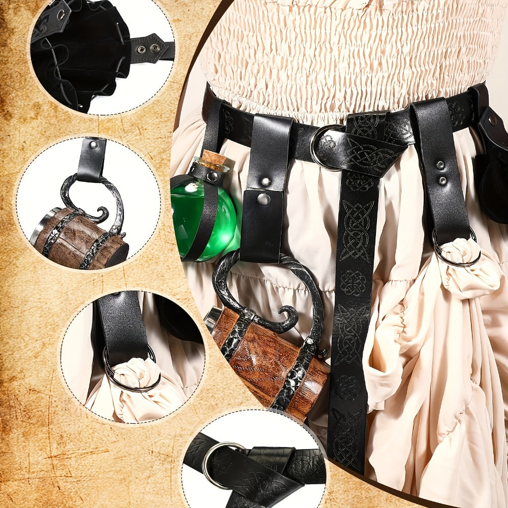 Medieval Belt Sets - Set 5PCS Renaissance Viking Faux Leather Waist , Potion Holder, Pouch & - product detail view 2