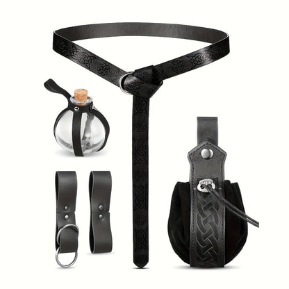 Medieval Belt Sets - Set 5PCS Renaissance Viking Faux Leather Waist , Potion Holder, Pouch & - product detail view 4