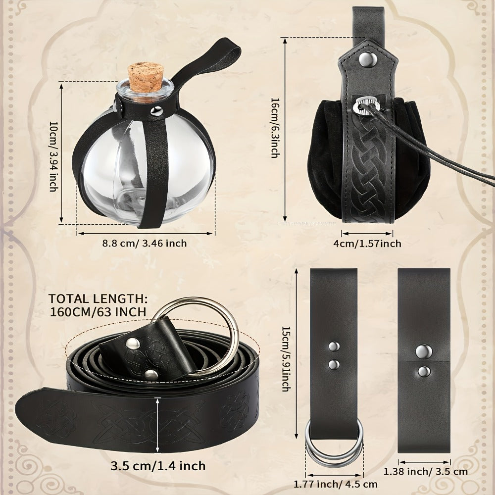 Medieval Belt Sets - Set 5PCS Renaissance Viking Faux Leather Waist , Potion Holder, Pouch & - product detail view 5