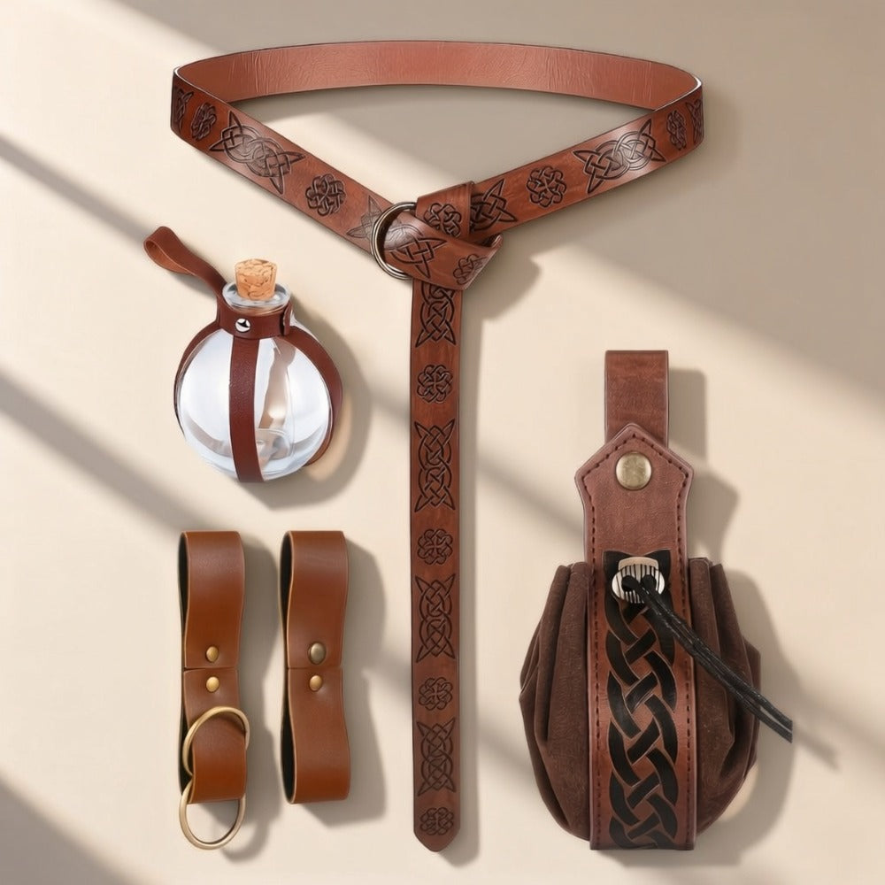 Medieval Belt Sets - Set 5PCS Renaissance Viking Faux Leather Waist , Potion Holder, Pouch & - product detail view 6