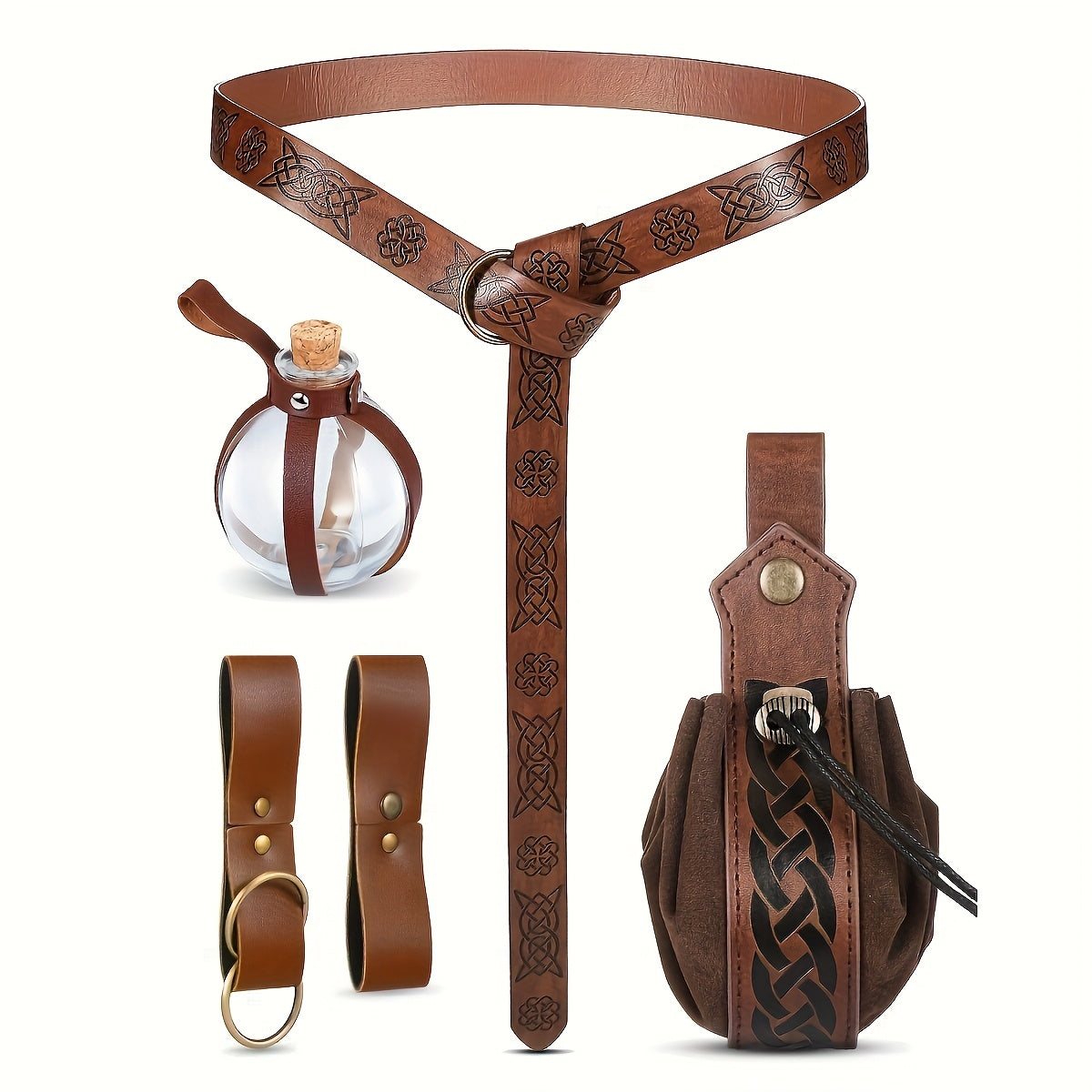 Medieval Belt Sets - Set 5PCS Renaissance Viking Faux Leather Waist , Potion Holder, Pouch & - product detail view 7