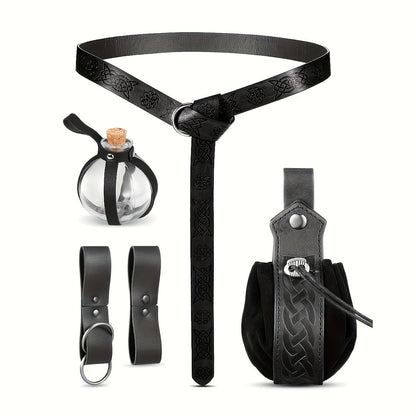 Medieval Belt Sets - Set 5PCS Renaissance Viking Faux Leather Waist , Potion Holder, Pouch & - product detail view 8