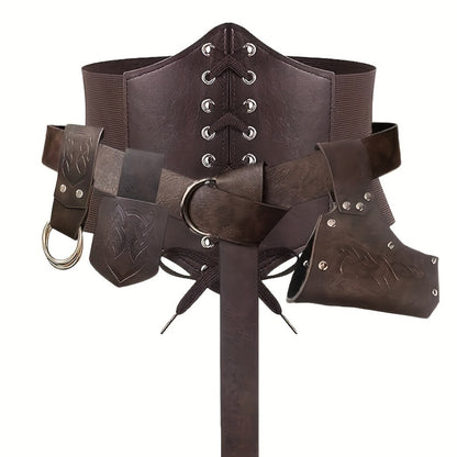 Medieval Costume Sets - Set 5 Pcs Faux Leather Renaissance Belt, Corset & Viking Horn Decoration - product detail view 2