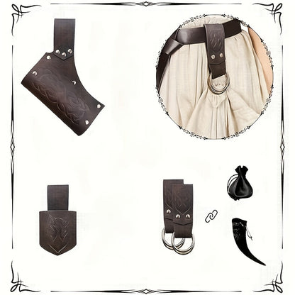 Medieval Costume Sets - Set 5 Pcs Faux Leather Renaissance Belt, Corset & Viking Horn Decoration - product detail view 4