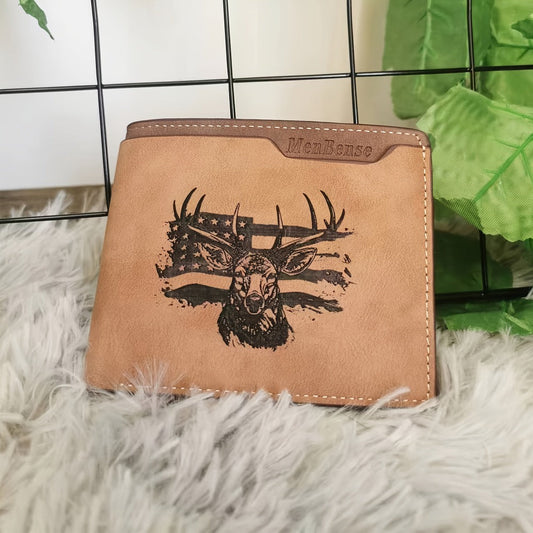 Men's Wallet – for Everyday Use, Deer Pattern Laser Engraved Slim – front view