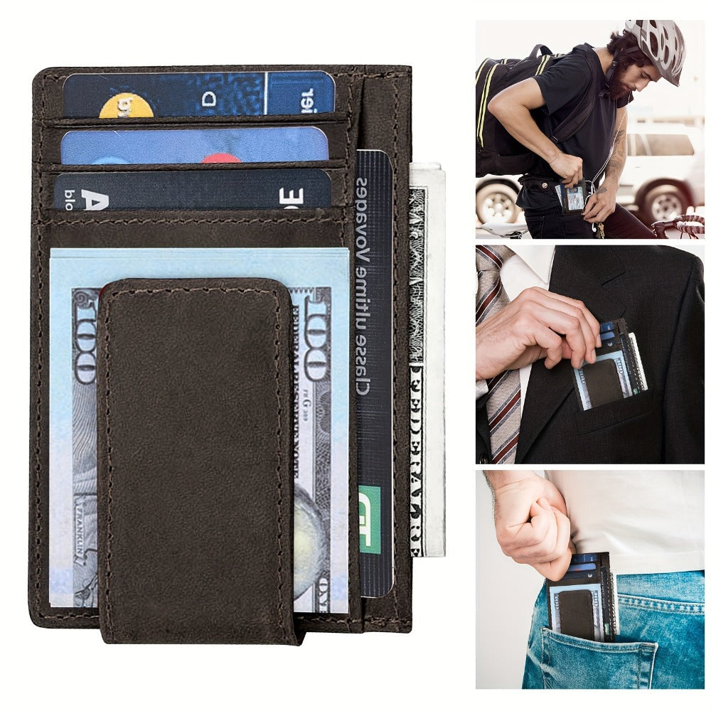 Men's Wallet – RFID Blocking, Crazy Horse Leather Magnetic Money – front view