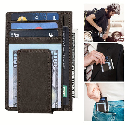 Men's Wallet – RFID Blocking, Crazy Horse Leather Magnetic Money – front view