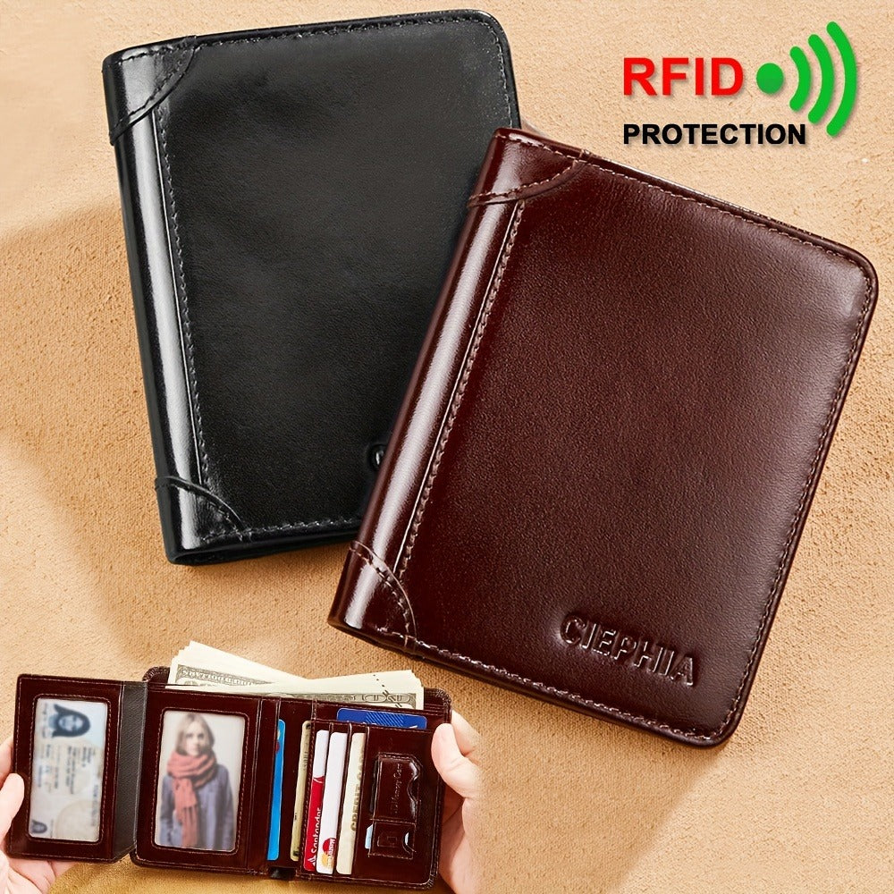 Men's Wallet – RFID Blocking, Oil Wax Leather Trifold Rfid – front view