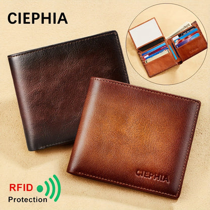 Men's Wallet – RFID Blocking, Retro Bifold Genuine Cowhide Leather – front view