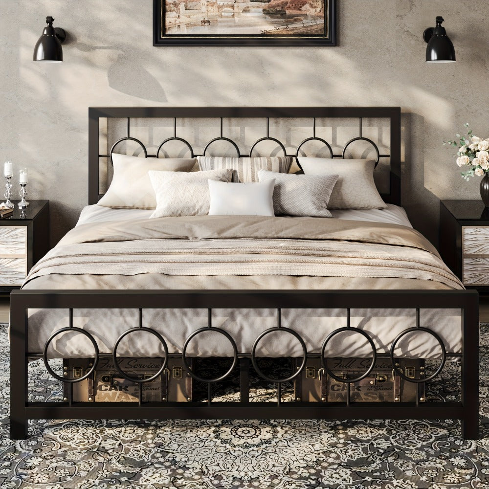 Bed Frame, Metal Platform with Vintage Circular Design Headboard and Footboard Under Bed shown in the main product view