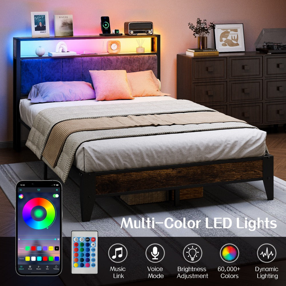 Metal Bed Frame with LED Lighting, Mattress Support Frame for Bedroom detail image
