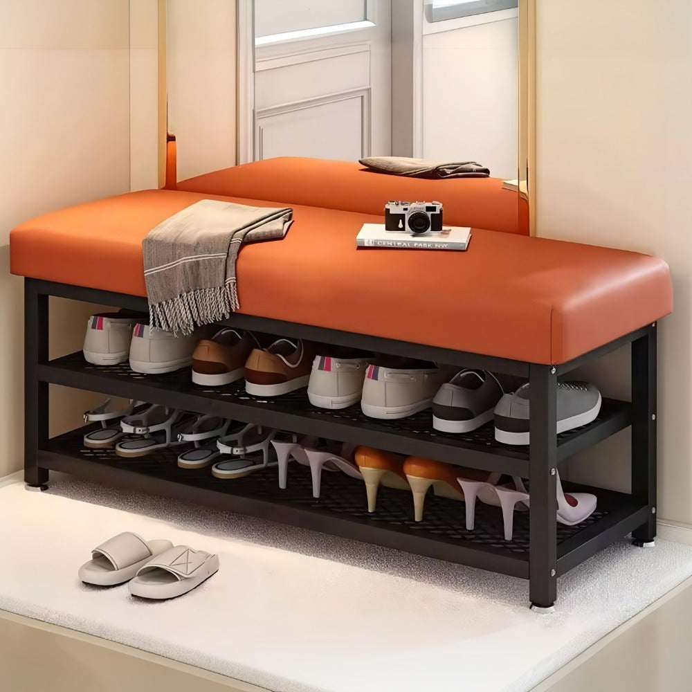 Entryway Bench, Entryway Shoe Bench with Cushion and Storage Rack, Metal Frame Shoe shown in the main product view