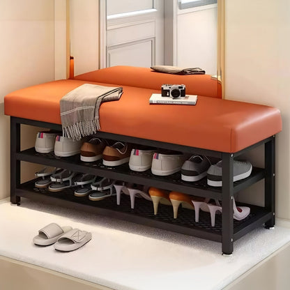 Entryway Bench, Entryway Shoe Bench with Cushion and Storage Rack, Metal Frame Shoe shown in the main product view