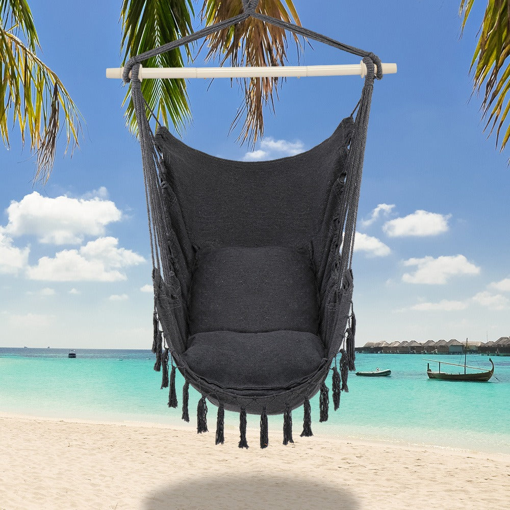 Metal Hammock Swing Chair with Macrame Weave and Canvas Seat for Patio detail image - detail view 11