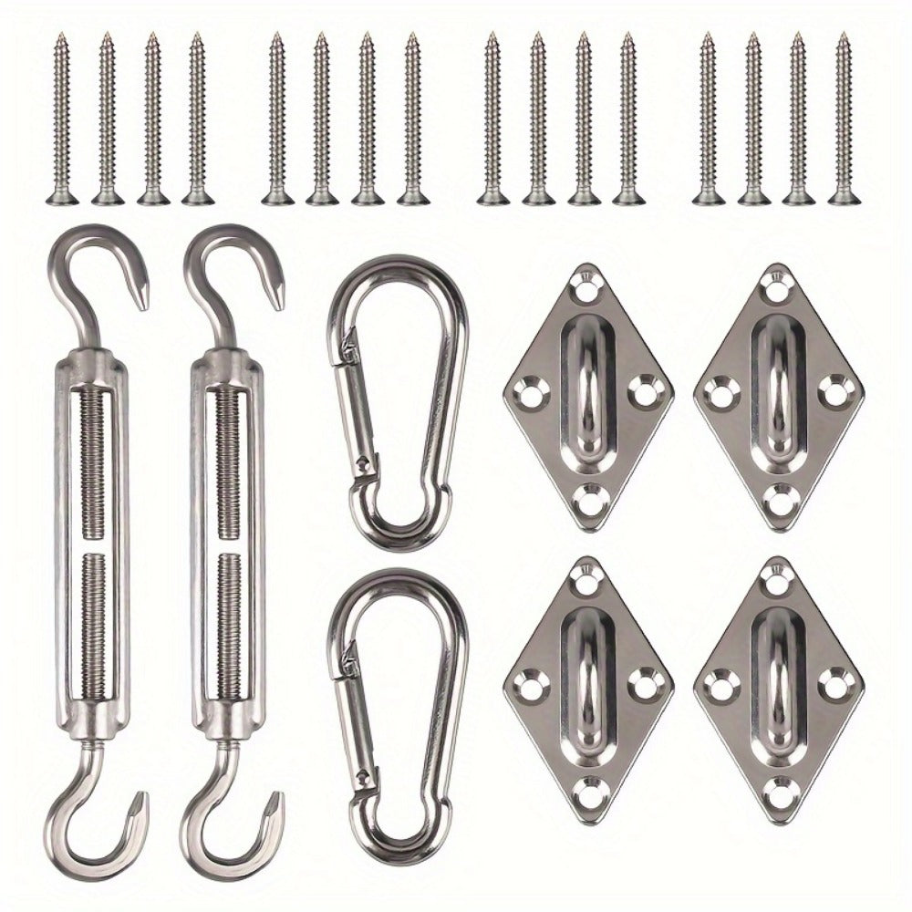 Shade Sail Hardware, Kit 24PC Stainless Steel Turnbuckles Snap Hooks Pad Eyes Screws shown in the main product view