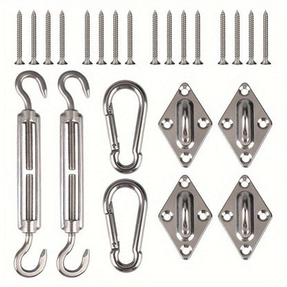 Shade Sail Hardware, Kit 24PC Stainless Steel Turnbuckles Snap Hooks Pad Eyes Screws shown in the main product view
