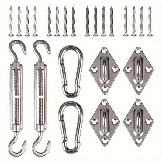Shade Sail Hardware, Kit 24PC Stainless Steel Turnbuckles Snap Hooks Pad Eyes Screws shown in the main product view