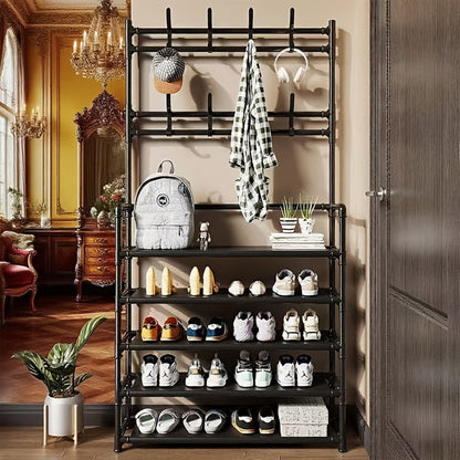 Shoe Rack, Entryway with Hooks Multi-Layer Metal Storage Organizer for Shoes Hats Bags shown in the main product view