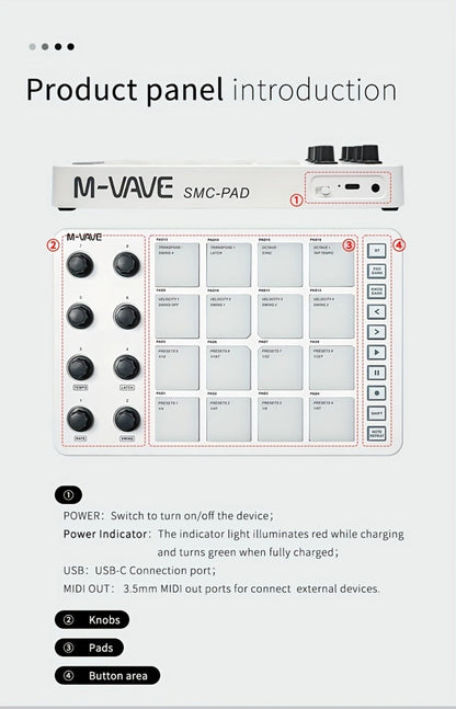 MIDI Pad Controller, Wireless, USB, M-VAVE, Portable for Music Production detail image - detail view 20
