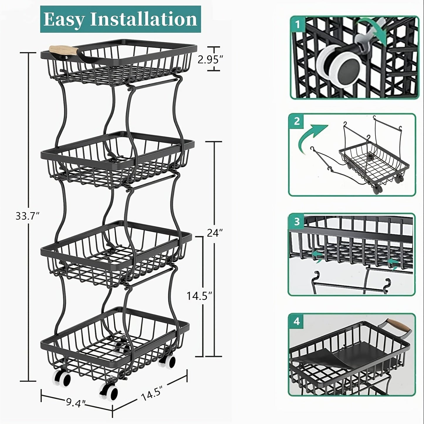 Storage Cart shown in the 4-layer floor-standing removable fruit and vegetable basket option