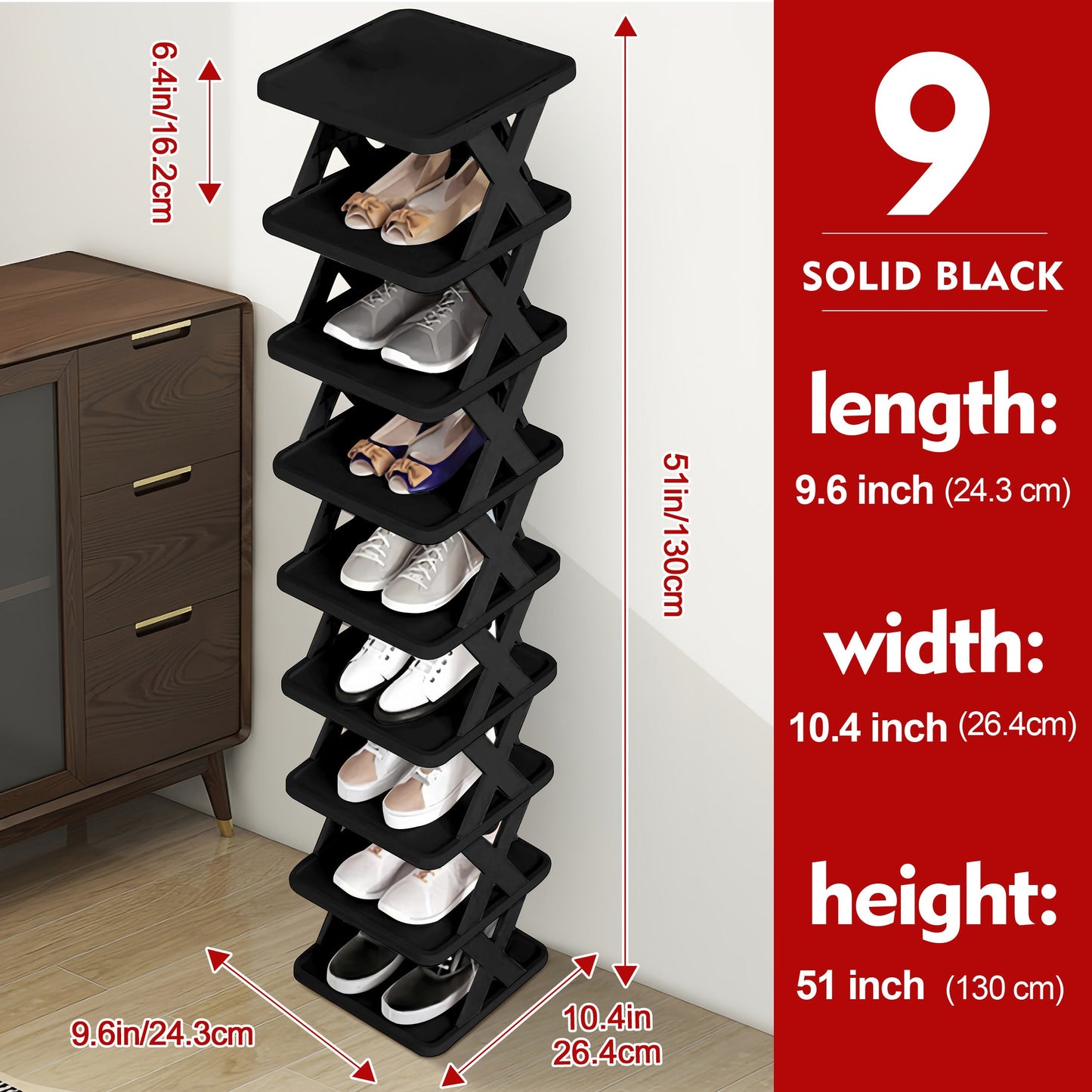 Shoe Rack shown in the 9 Tier - Solid Black option