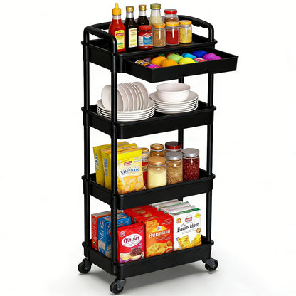 Rolling Storage Cart shown in the Black, 4-tier-(with drawer) option