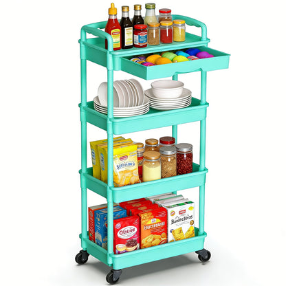 Rolling Storage Cart shown in the Blue, 4-tier-(with drawer) option