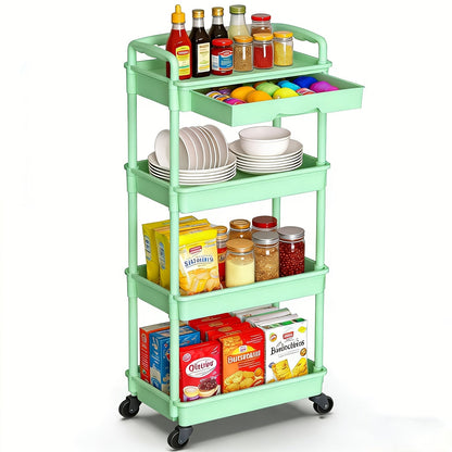 Rolling Storage Cart shown in the Green, 4-tier-(with drawer) option