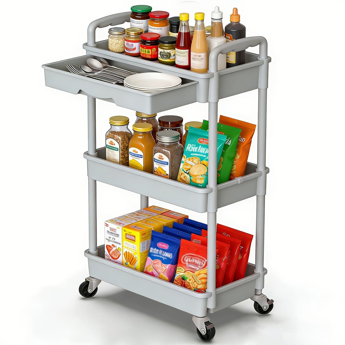 Rolling Storage Cart shown in the Grey, 3-Tier-(With Drawer) option
